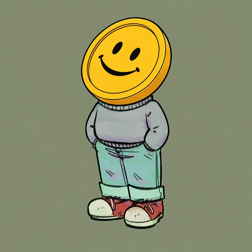 Smiling gold coin character in a sweater and mint trousers