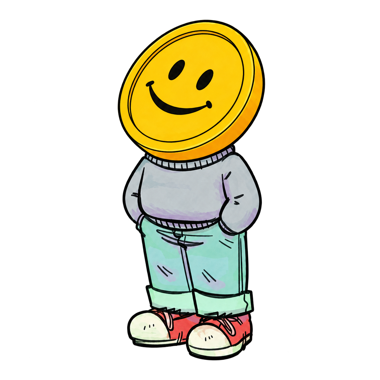 Chill Stonks Guy, a smiling gold coin character in a sweater and mint trousers